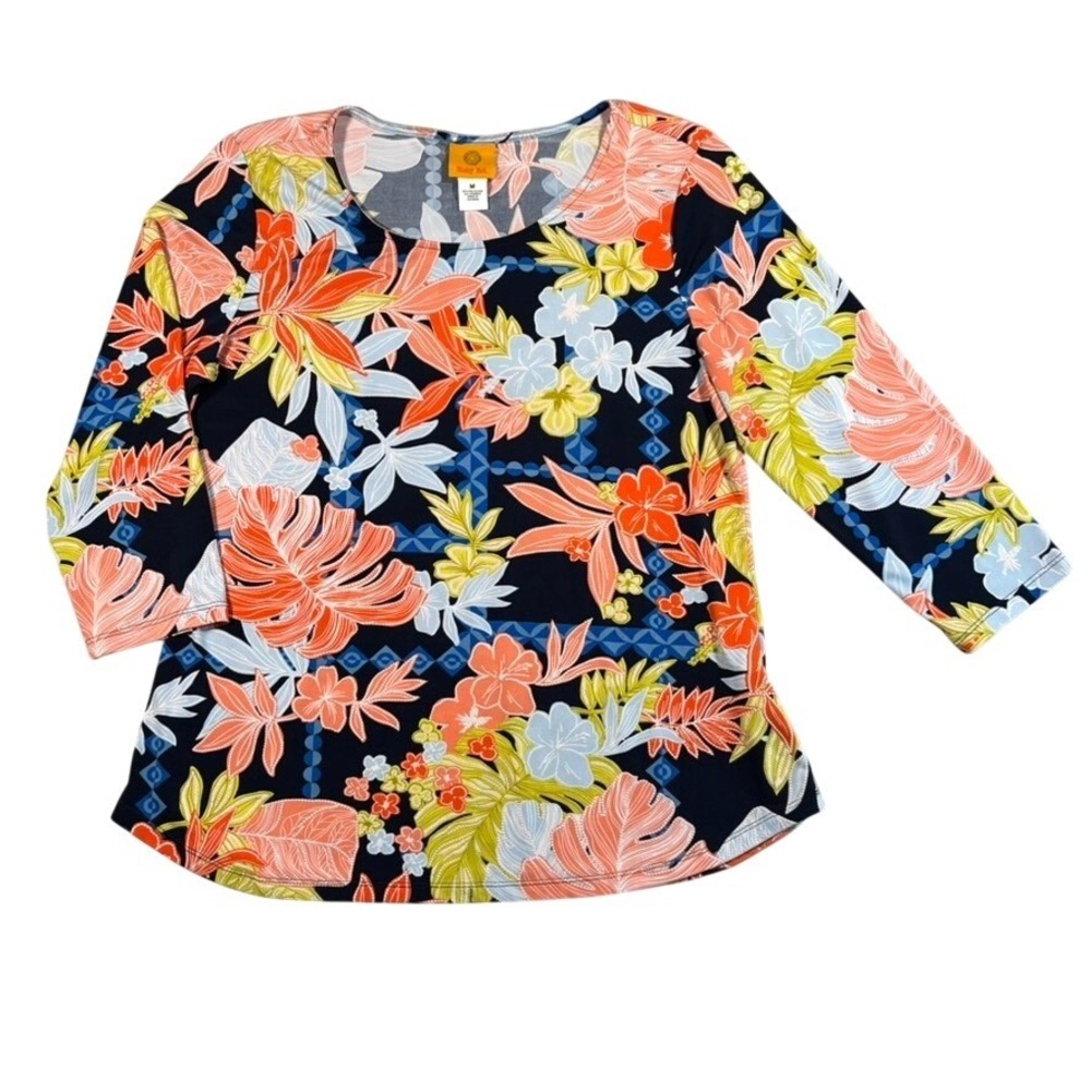 Ruby Rd Tropical Floral 3/4 Sleeve Knit Top Orange Blue M Resortwear Maximalist‎